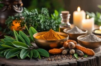 Аюрведа селекция от цветни подправки и билки върху дървена повърхност, включително куркума и сушени корени, със запалени свещи и зеленина.