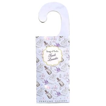 A white Ароматизатор за закачане - Френска лавандула with a purple design on it.