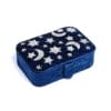 Rectangular blue velvet box featuring silver stars and crescent moons, named "Кадифена кутия за бижута и тамян - Звездно небе".