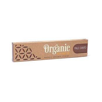 Кутия с ароматни пръчици Organic Goodness Palo Santo masala с кафяв и бежов дизайн.