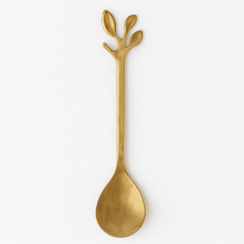 Златиста лъжичка за тамян има златисто покритие и дръжка с форма на три листа или клонки, заснети на обикновен бял фон.