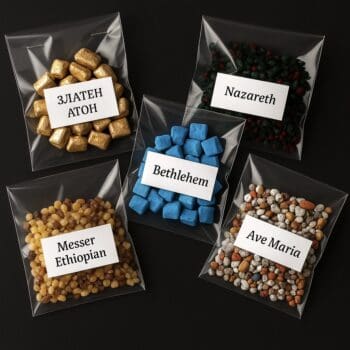 Пет прозрачни пакета със смолист тамян от комплекта Комплект смоли - Коледен ритуал, всеки с етикет: ZLATEN ATON, Nazareth, Bethlehem, Messer Ethiopian и Ave Maria, изобразени на тъмен фон.