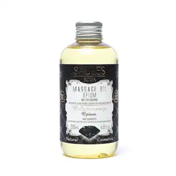 Бутилка от 200 ml от Натурално масажно олио - Opium със сребърна капачка, черен етикет и текст със съставки и подробности за продукта.