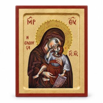 Религиозна икона, изобразяваща Дева Мария, държаща младенеца Исус, и двете с ореоли, нарисувана върху златен фон с гръцки надписи.