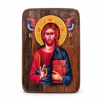 Религиозна икона, озаглавена „Христос Животворецът“, изобразяваща Исус, който държи книга и прави жест с дясната си ръка, на фона на златен ореол върху дървена плоскост.